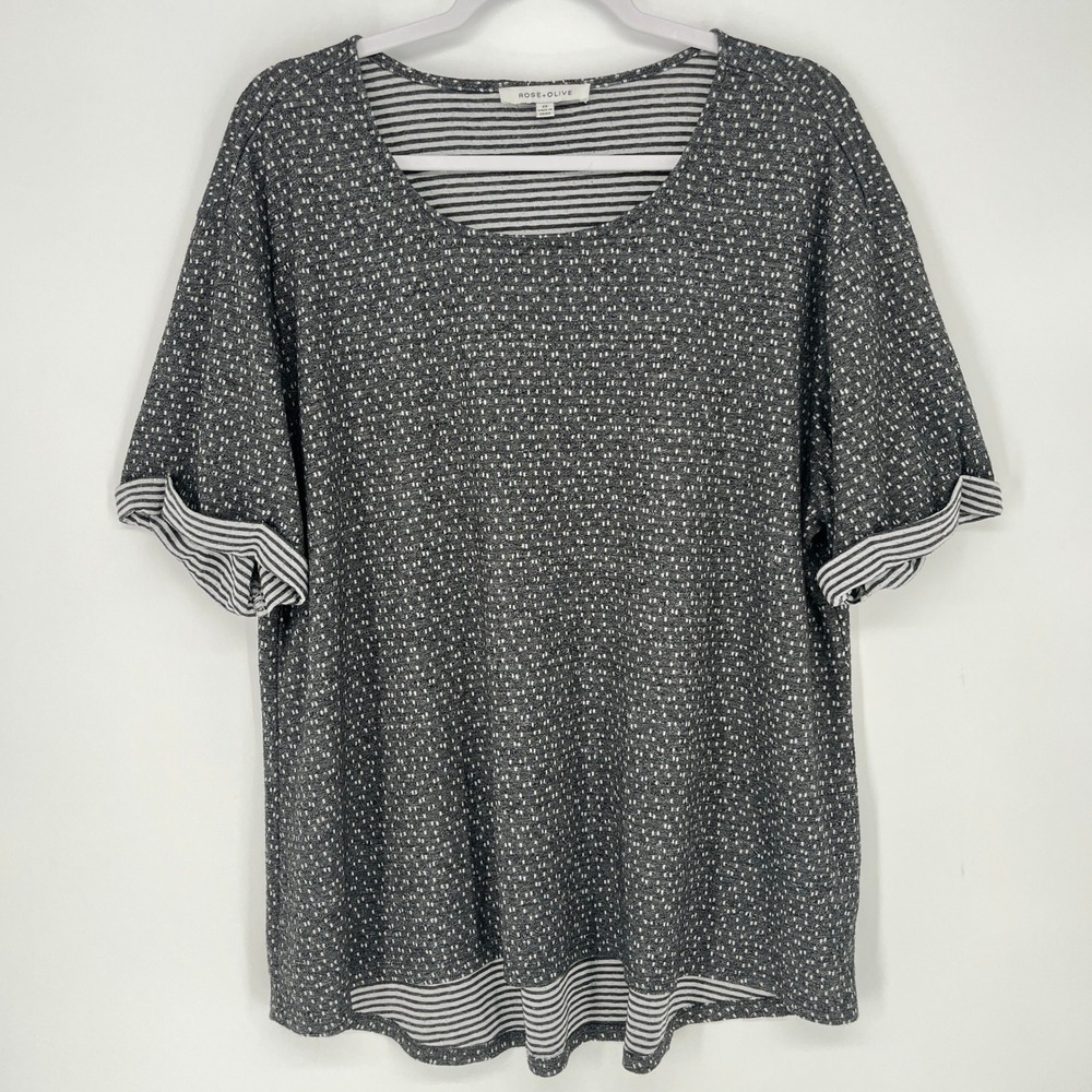 Rose + Olive Womens 2X Gray Textured Knit Tunic Top Striped Trim Cuffed Sleeve